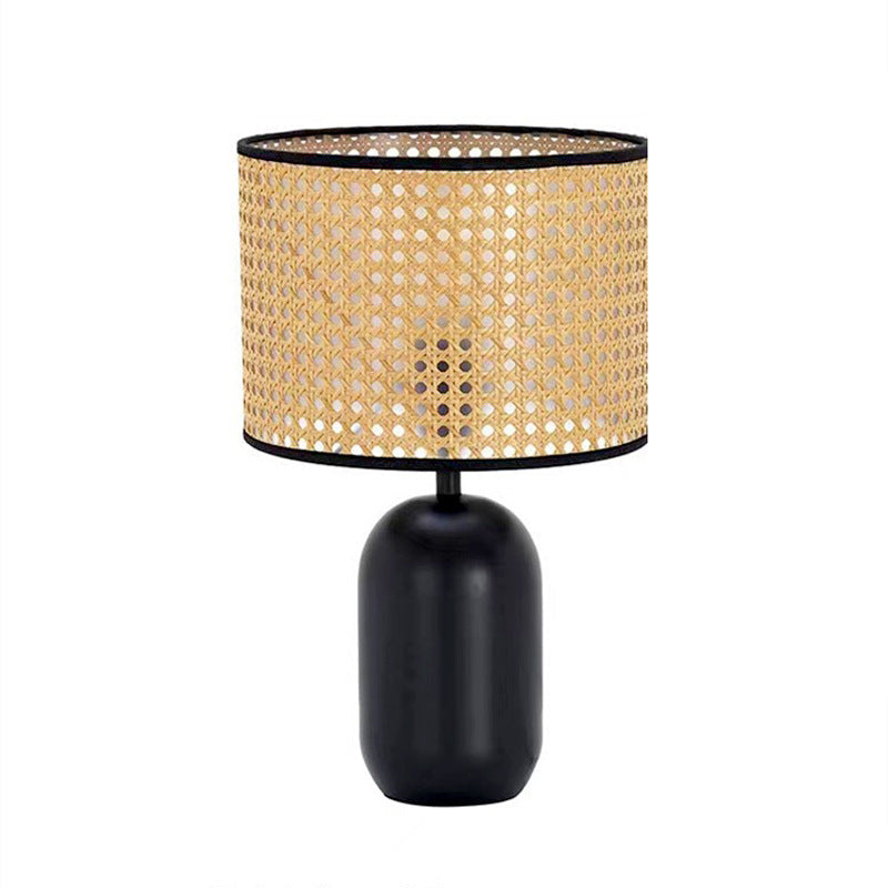 Contemporary Retro Weave Rattan Drum Shape Iron 1-Light Table Lamp For Bedroom