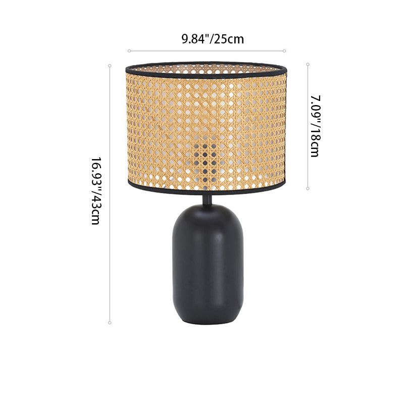 Contemporary Retro Weave Rattan Drum Shape Iron 1-Light Table Lamp For Bedroom