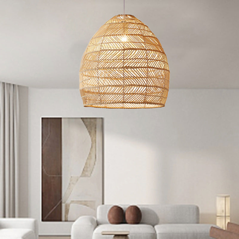 Contemporary Boho Wood Grain Hollow Basket Rattan 1 - Light Pendant Light For Dining Room