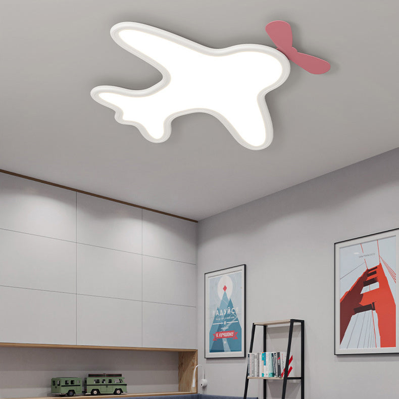 Contemporary Creative Kids Cartoon Airplane Bear Iron Aluminum Acrylic LED Flush Mount Ceiling For Bedroom