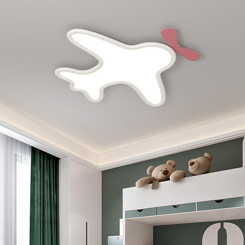 Contemporary Creative Kids Cartoon Airplane Bear Iron Aluminum Acrylic LED Flush Mount Ceiling For Bedroom