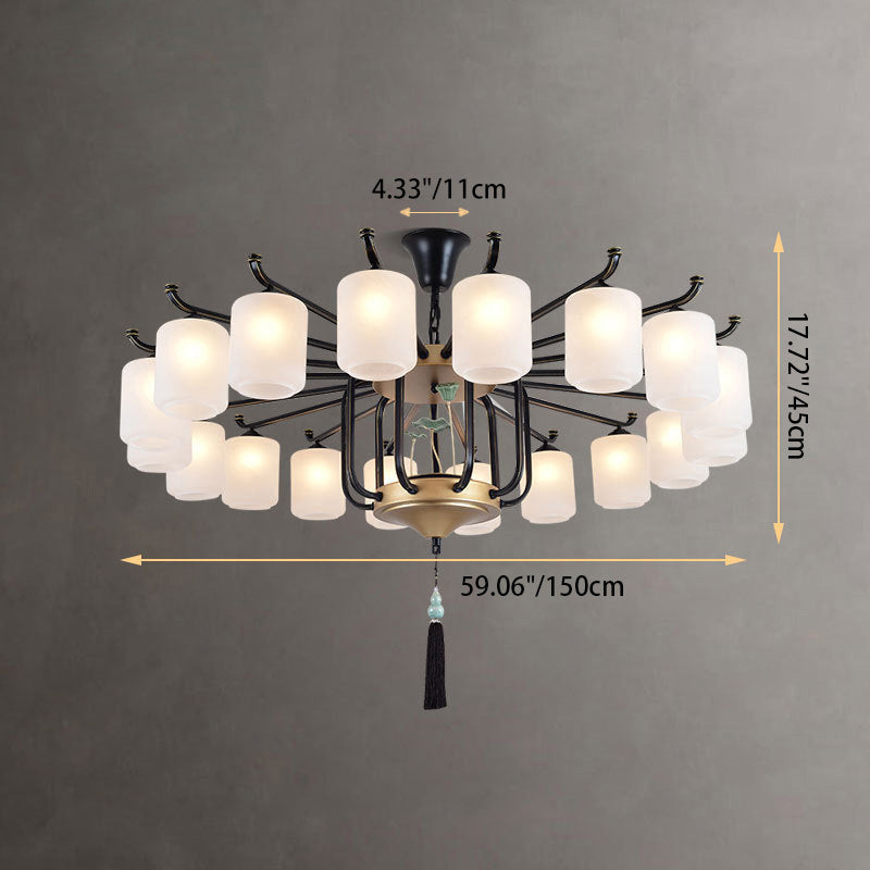 Traditional Chinese Cylinder Shade Tassel Iron Glass 6/8/10/12/18-Light Chandeliers For Dining Room