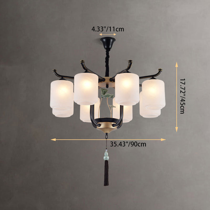 Traditional Chinese Cylinder Shade Tassel Iron Glass 6/8/10/12/18-Light Chandeliers For Dining Room