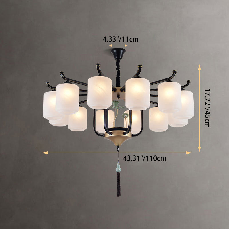 Traditional Chinese Cylinder Shade Tassel Iron Glass 6/8/10/12/18-Light Chandeliers For Dining Room