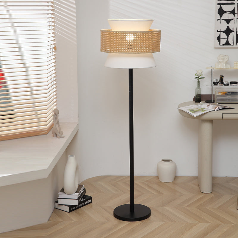 Contemporary Nordic Multi-Round Fabric Rattan Cane Webbing Iron 1- Light Standing Floor Lamp For Living Room