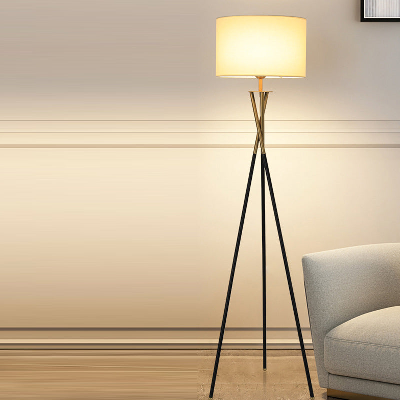Contemporary Nordic Tripod Base Drum Shape Fabric Iron 1- Light Standing Floor Lamp For Living Room
