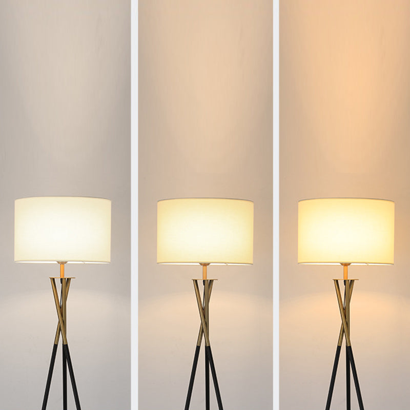 Contemporary Nordic Tripod Base Drum Shape Fabric Iron 1- Light Standing Floor Lamp For Living Room