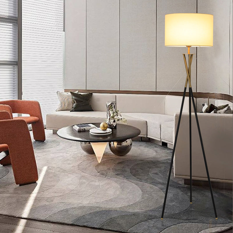 Contemporary Nordic Tripod Base Drum Shape Fabric Iron 1- Light Standing Floor Lamp For Living Room