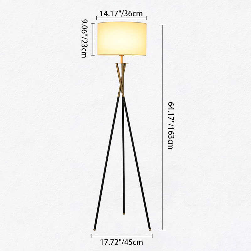 Contemporary Nordic Tripod Base Drum Shape Fabric Iron 1- Light Standing Floor Lamp For Living Room