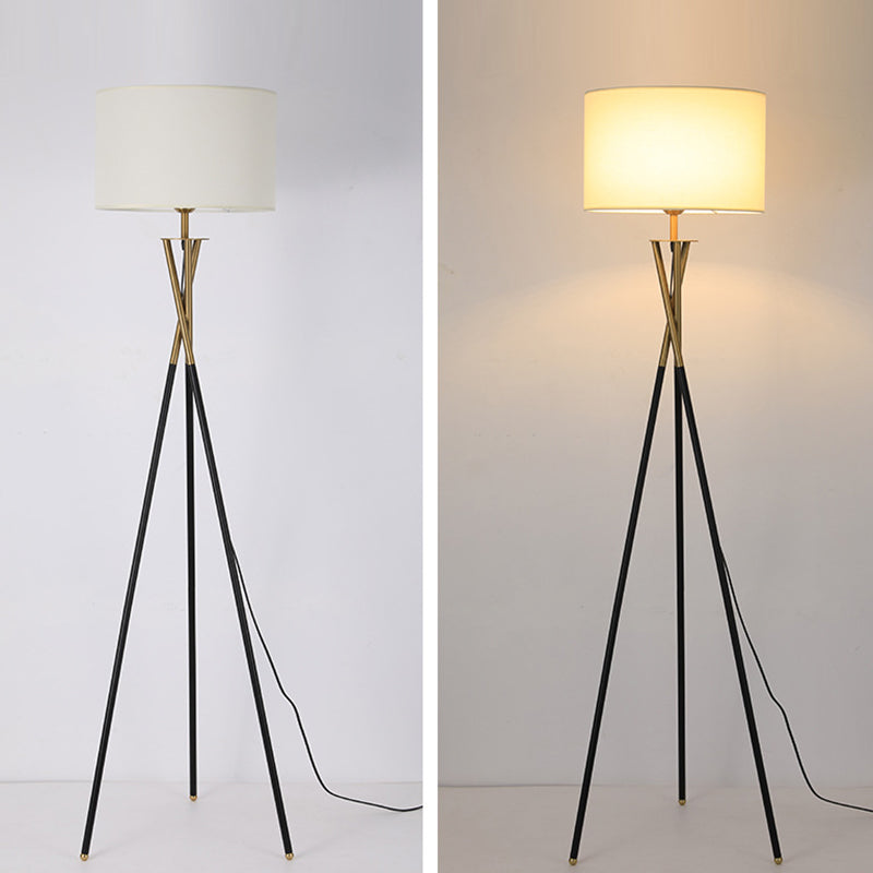 Contemporary Nordic Tripod Base Drum Shape Fabric Iron 1- Light Standing Floor Lamp For Living Room