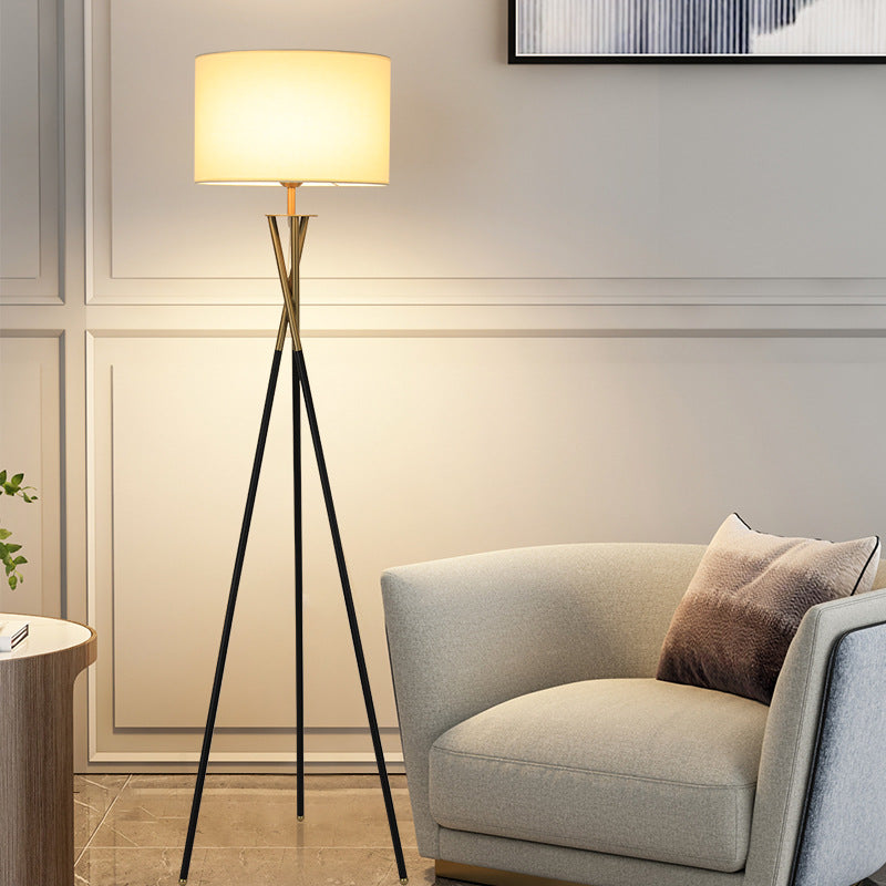 Contemporary Nordic Tripod Base Drum Shape Fabric Iron 1- Light Standing Floor Lamp For Living Room
