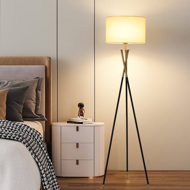 Contemporary Nordic Tripod Base Drum Shape Fabric Iron 1- Light Standing Floor Lamp For Living Room