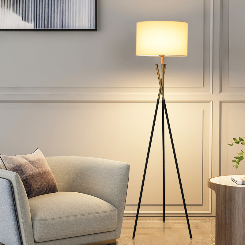 Contemporary Nordic Tripod Base Drum Shape Fabric Iron 1- Light Standing Floor Lamp For Living Room