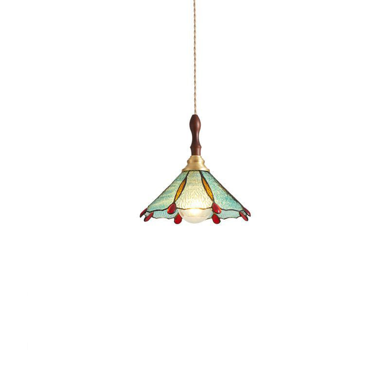 Traditional Tiffany Water Pattern Flower Small Beads Stained Glass Copper 1-Light Pendant Light For Bedroom