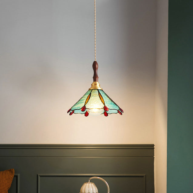 Traditional Tiffany Water Pattern Flower Small Beads Stained Glass Copper 1-Light Pendant Light For Bedroom