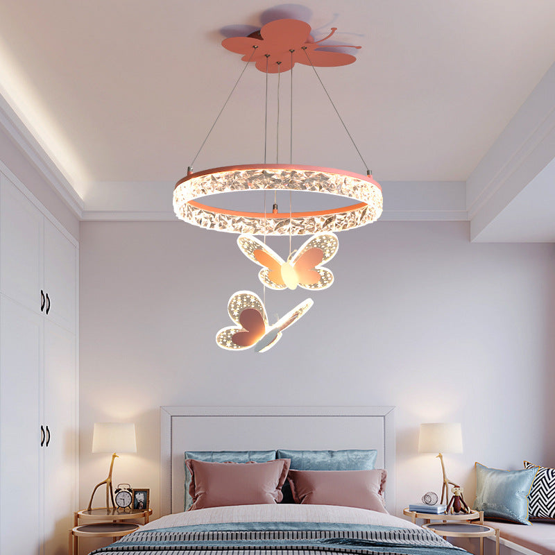 Contemporary Creative Kids Round Cartoon Butterfly Acrylic Iron LED Chandelier For Bedroom