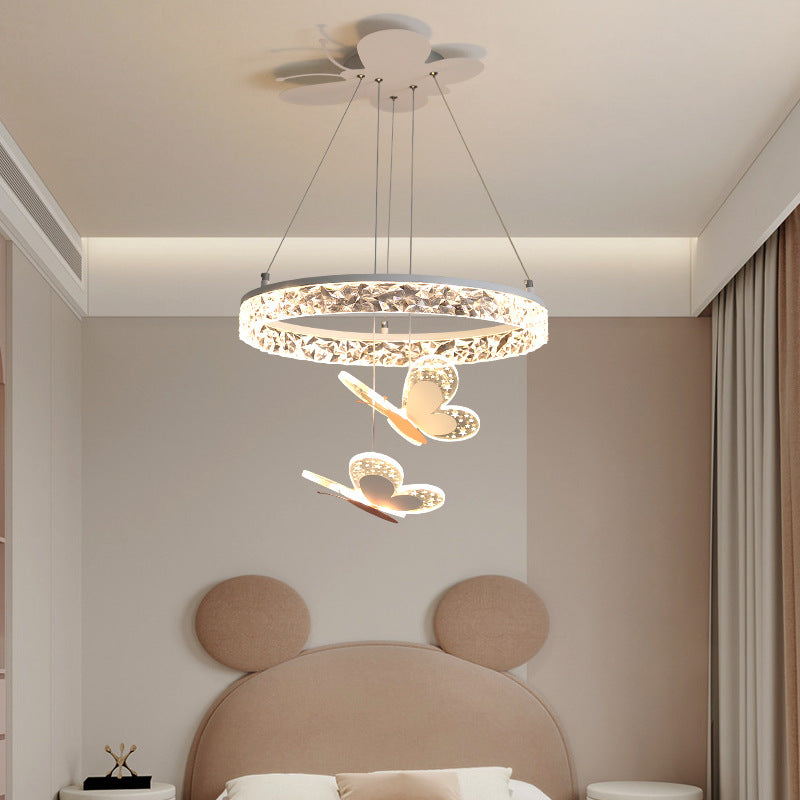 Contemporary Creative Kids Round Cartoon Butterfly Acrylic Iron LED Chandelier For Bedroom