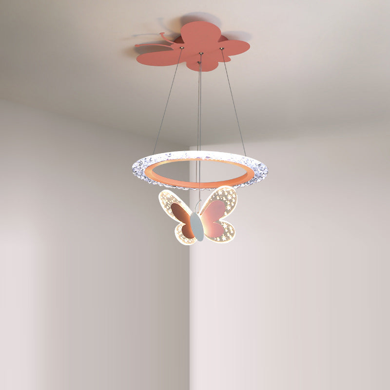 Contemporary Creative Kids Round Cartoon Butterfly Acrylic Iron LED Chandelier For Bedroom