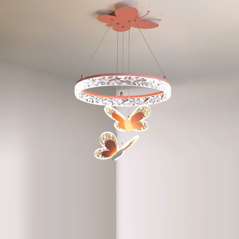 Contemporary Creative Kids Round Cartoon Butterfly Acrylic Iron LED Chandelier For Bedroom