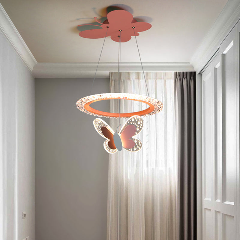 Contemporary Creative Kids Round Cartoon Butterfly Acrylic Iron LED Chandelier For Bedroom