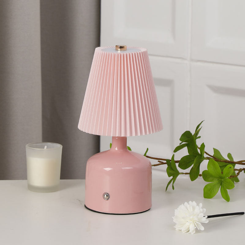 Contemporary Nordic USB Fabric Ceramic Conic Pleated LED Table Lamp For Bedroom