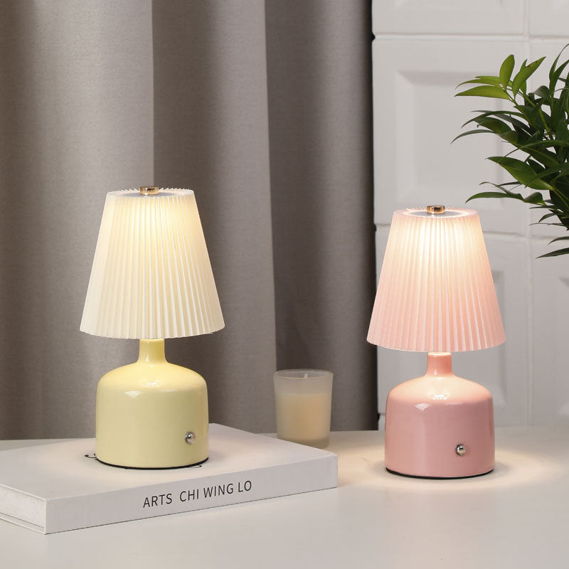 Contemporary Nordic USB Fabric Ceramic Conic Pleated LED Table Lamp For Bedroom