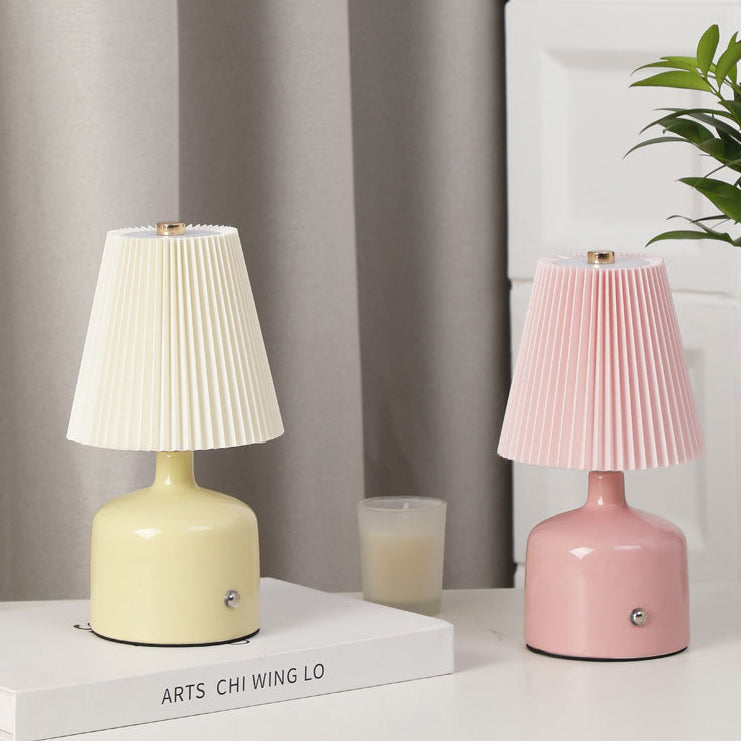 Contemporary Nordic USB Fabric Ceramic Conic Pleated LED Table Lamp For Bedroom