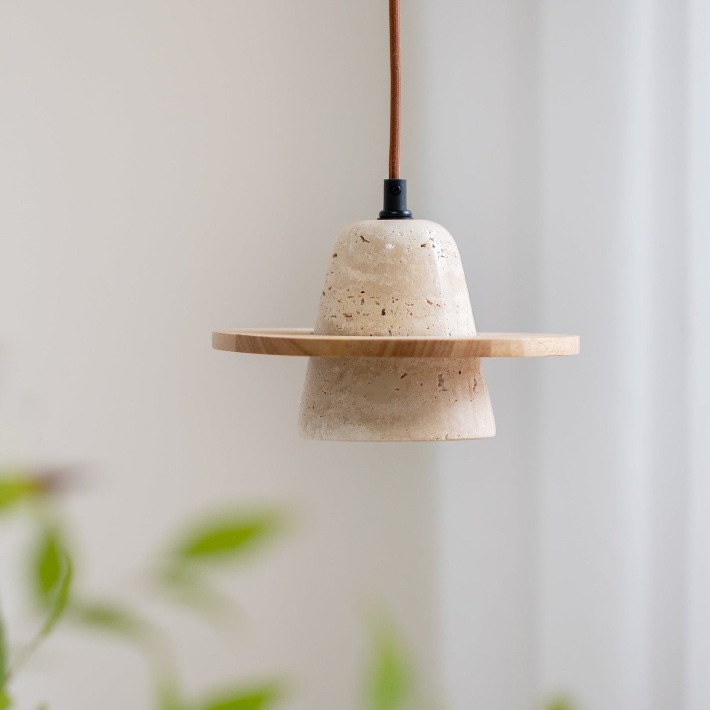 Traditional Japanese Round Cone Yellow Travertine Wood 1-Light Pendant Light For Living Room