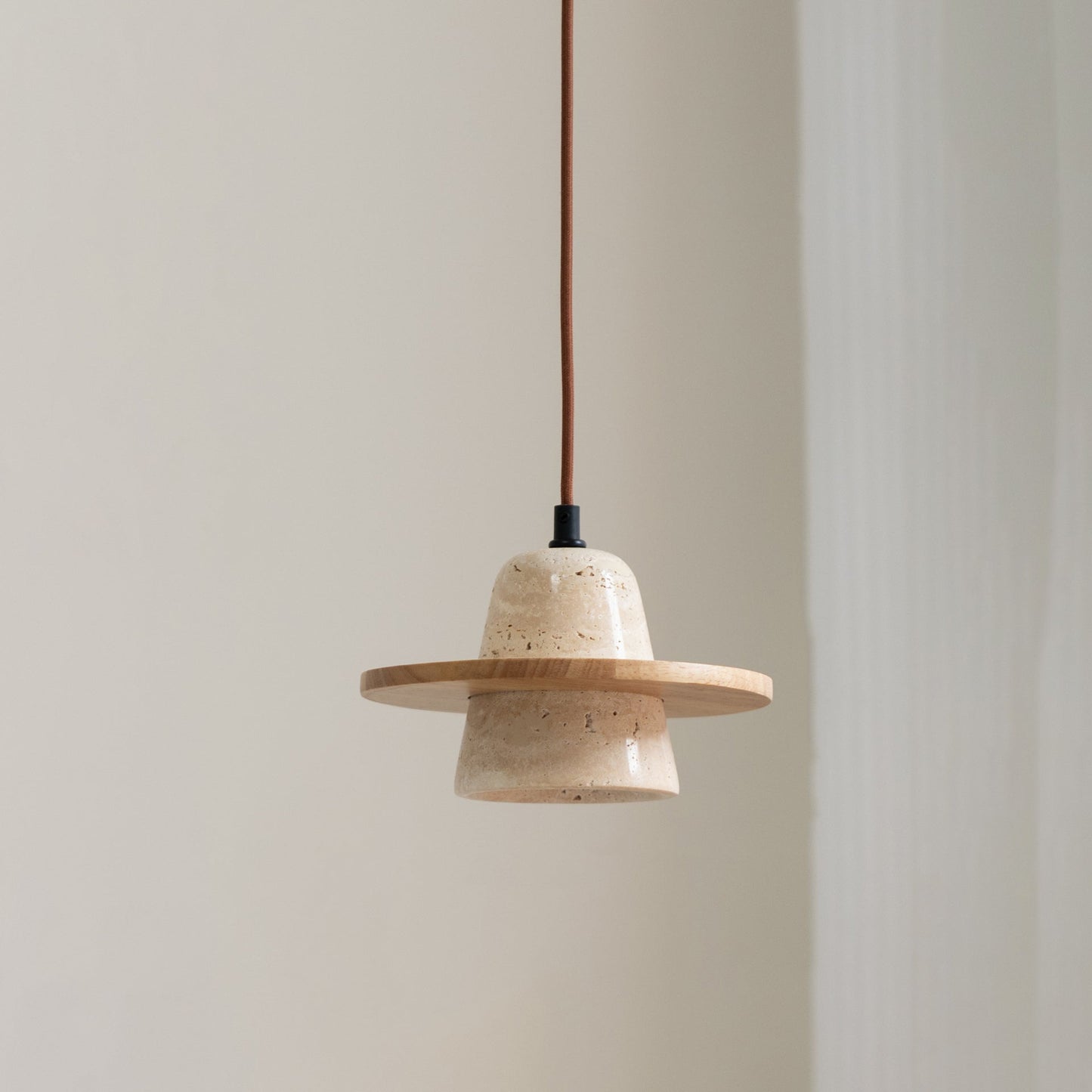 Traditional Japanese Round Cone Yellow Travertine Wood 1-Light Pendant Light For Living Room