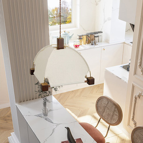 Traditional Chinese Arches Pavilion Shape Fabric Wood 1-Light Pendant Light For Living Room