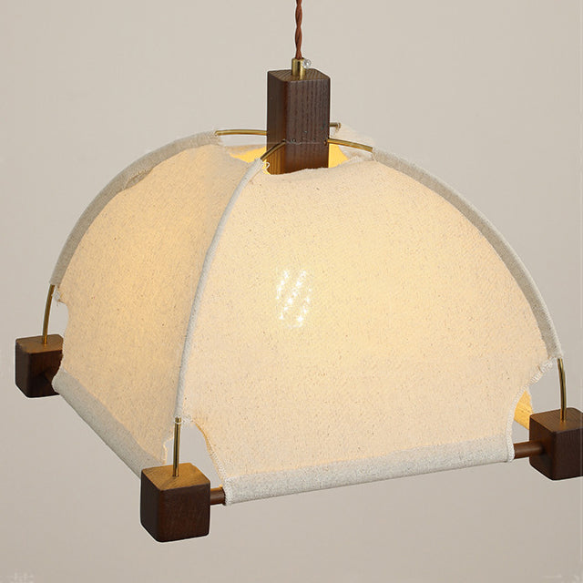 Traditional Chinese Arches Pavilion Shape Fabric Wood 1-Light Pendant Light For Living Room
