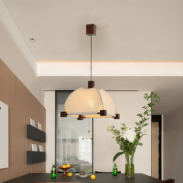 Traditional Chinese Arches Pavilion Shape Fabric Wood 1-Light Pendant Light For Living Room
