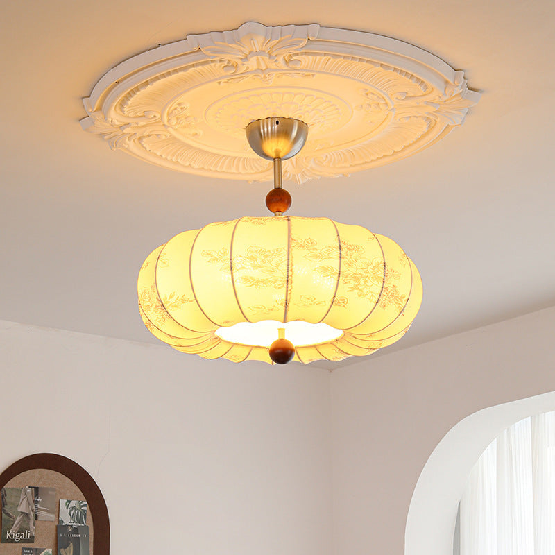 Contemporary Retro Pumpkin Fabric Hardware 1-Light Pendant Light For Living Room