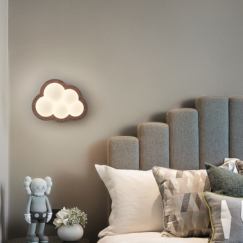 Contemporary Creative Cloud Wood Base PE Shade LED Wall Sconce Lamp For Bedroom
