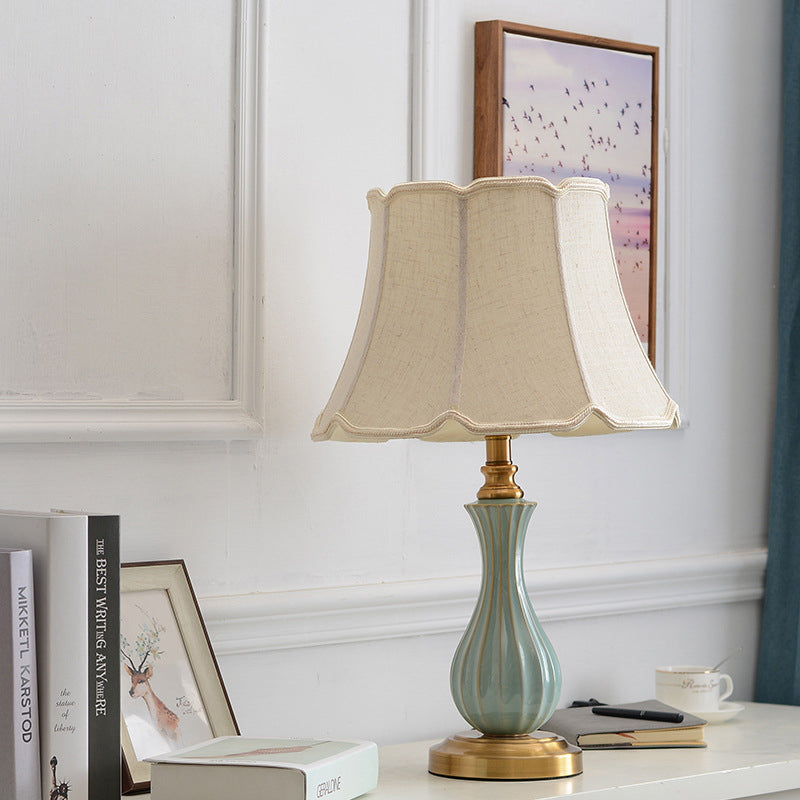 Traditional European Frustum Cone Drum Fabric Ceramic Copper 1-Light Table Lamp For Living Room