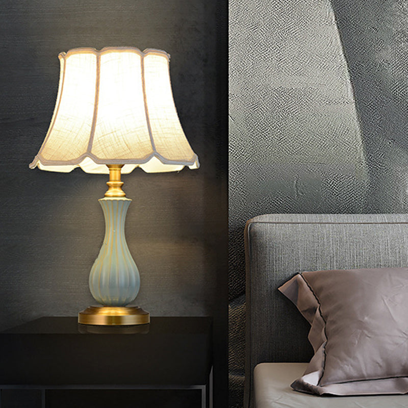 Traditional European Frustum Cone Drum Fabric Ceramic Copper 1-Light Table Lamp For Living Room