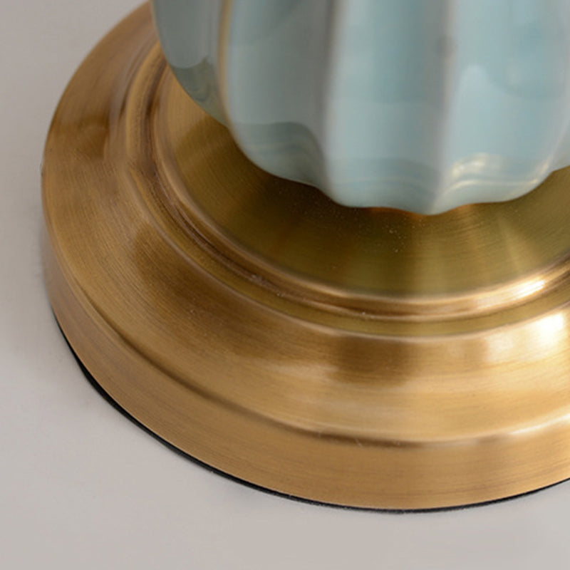 Traditional European Frustum Cone Drum Fabric Ceramic Copper 1-Light Table Lamp For Living Room