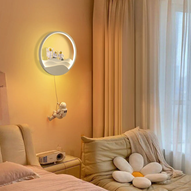 Contemporary Creative Kids Astronaut Rotating Lunar Eclipse Silicone Resin Aluminum LED Wall Sconce Lamp For Bedroom