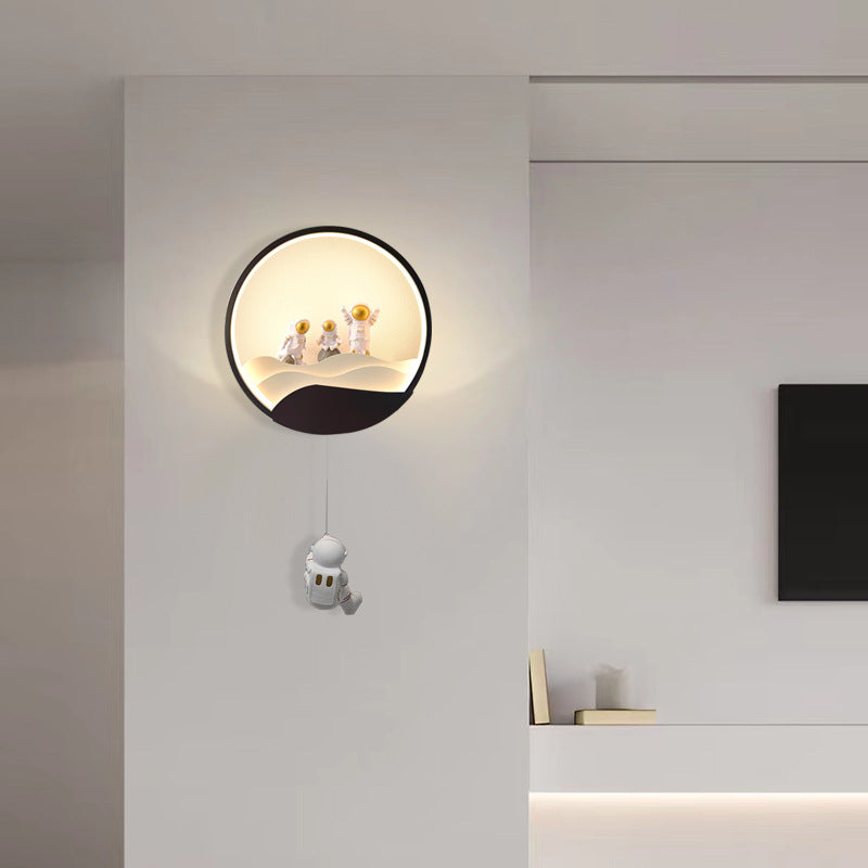 Contemporary Creative Kids Astronaut Rotating Lunar Eclipse Silicone Resin Aluminum LED Wall Sconce Lamp For Bedroom