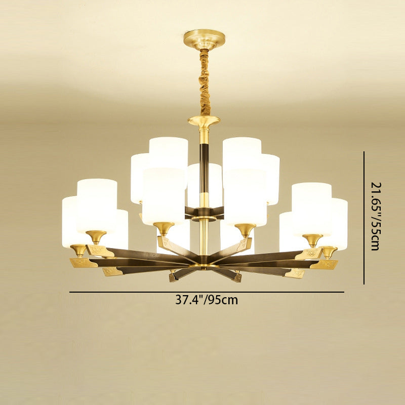Traditional Chinese Brass Glass Cylinder Lantern Shade 3/6/8/10/15- Light Chandelier For Dining Room