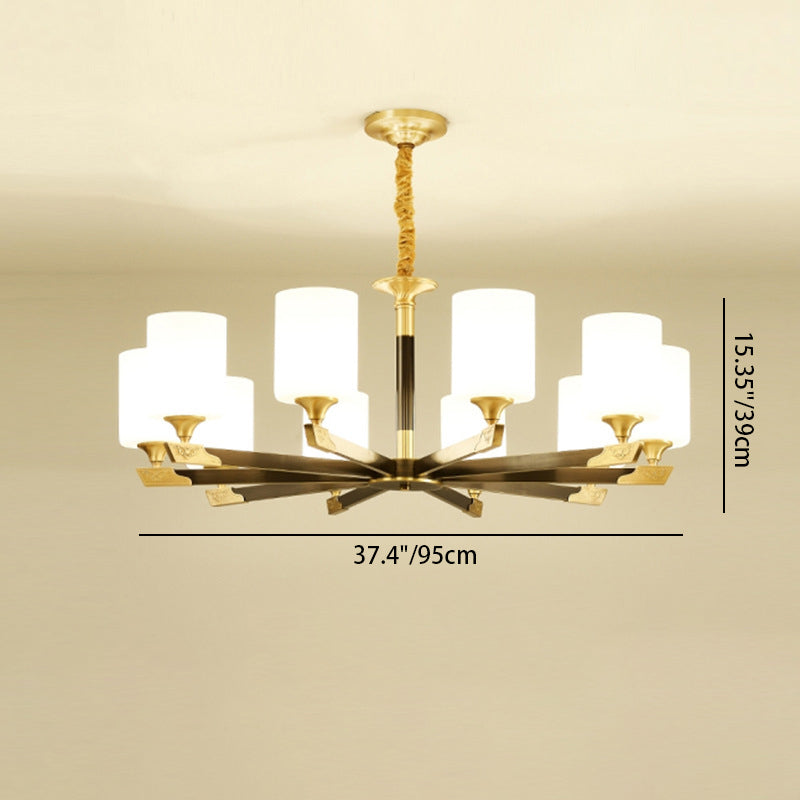 Traditional Chinese Brass Glass Cylinder Lantern Shade 3/6/8/10/15- Light Chandelier For Dining Room