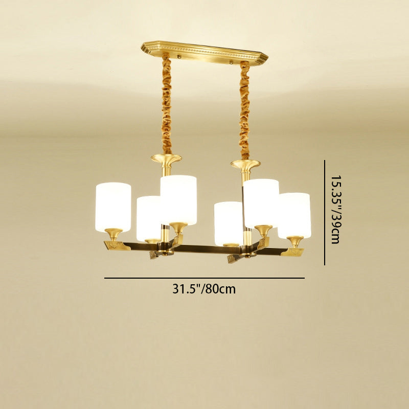 Traditional Chinese Brass Glass Cylinder Lantern Shade 3/6/8/10/15- Light Chandelier For Dining Room