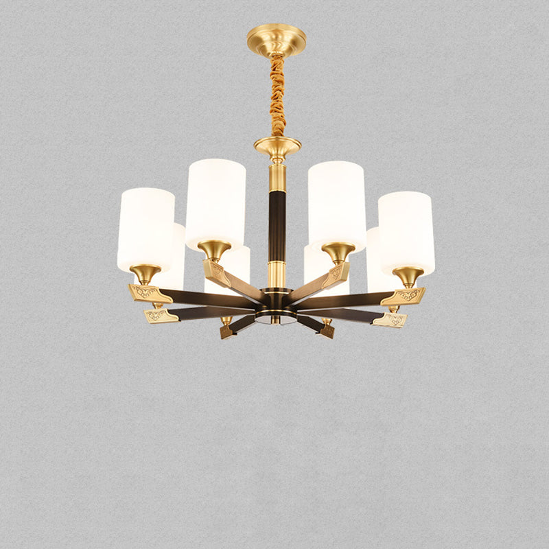 Traditional Chinese Brass Glass Cylinder Lantern Shade 3/6/8/10/15- Light Chandelier For Dining Room