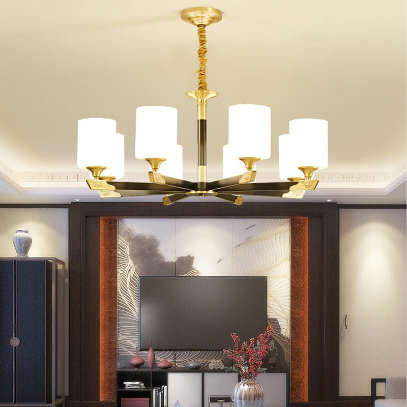 Traditional Chinese Brass Glass Cylinder Lantern Shade 3/6/8/10/15- Light Chandelier For Dining Room