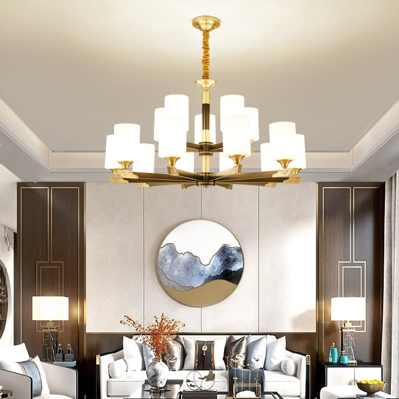 Traditional Chinese Brass Glass Cylinder Lantern Shade 3/6/8/10/15- Light Chandelier For Dining Room