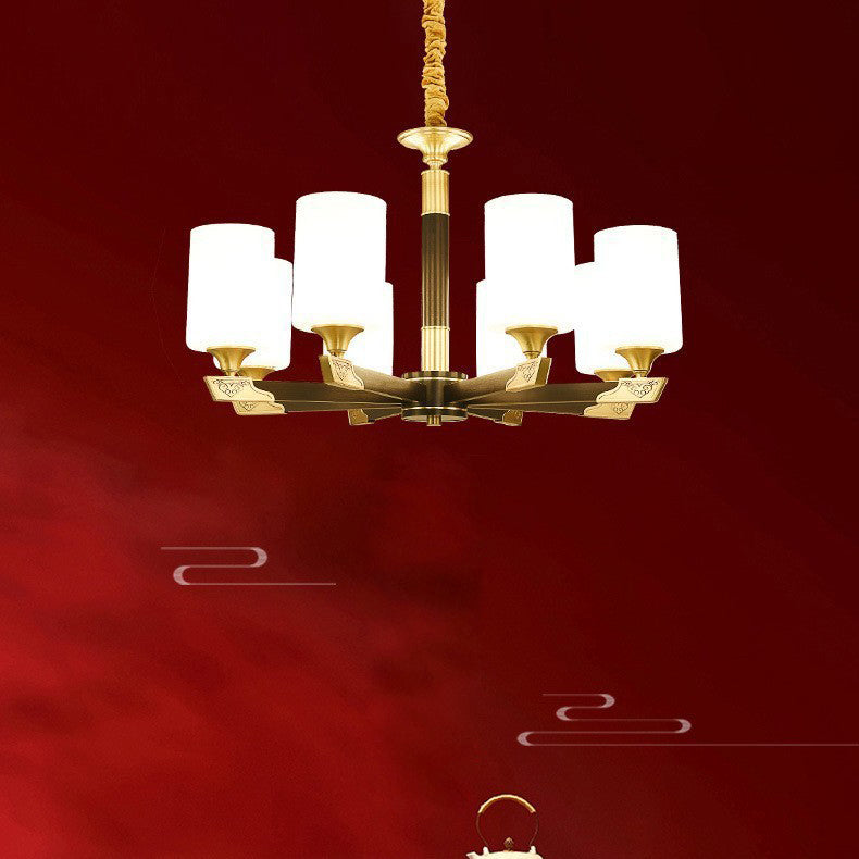 Traditional Chinese Brass Glass Cylinder Lantern Shade 3/6/8/10/15- Light Chandelier For Dining Room