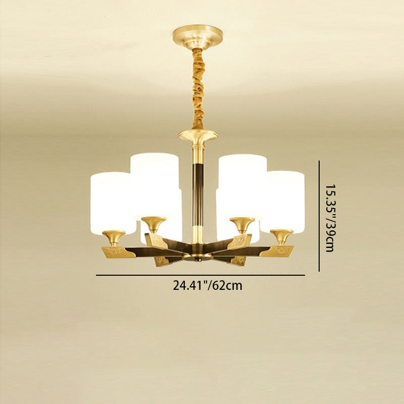 Traditional Chinese Brass Glass Cylinder Lantern Shade 3/6/8/10/15- Light Chandelier For Dining Room
