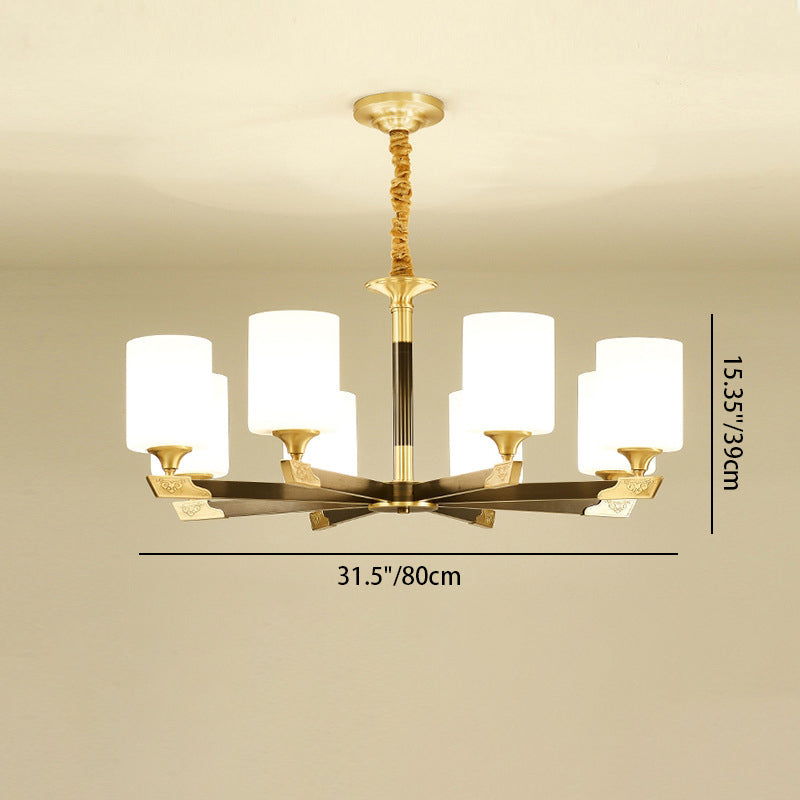 Traditional Chinese Brass Glass Cylinder Lantern Shade 3/6/8/10/15- Light Chandelier For Dining Room