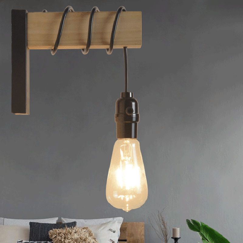 Contemporary Industrial Rectangular Square Base Wood Arm Glass 1-Light Wall Sconce Lamp For Bedroom