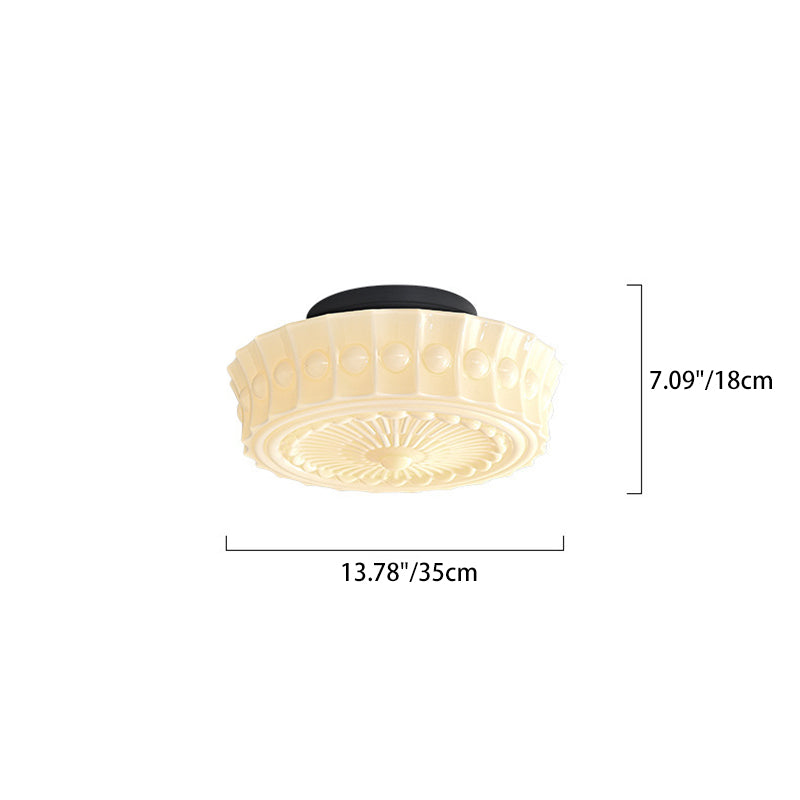 Contemporary Retro Iron Glass Lace Floral Relief Pattern Drum Shade 3-Light Semi-Flush Mount Ceiling Light For Living Room